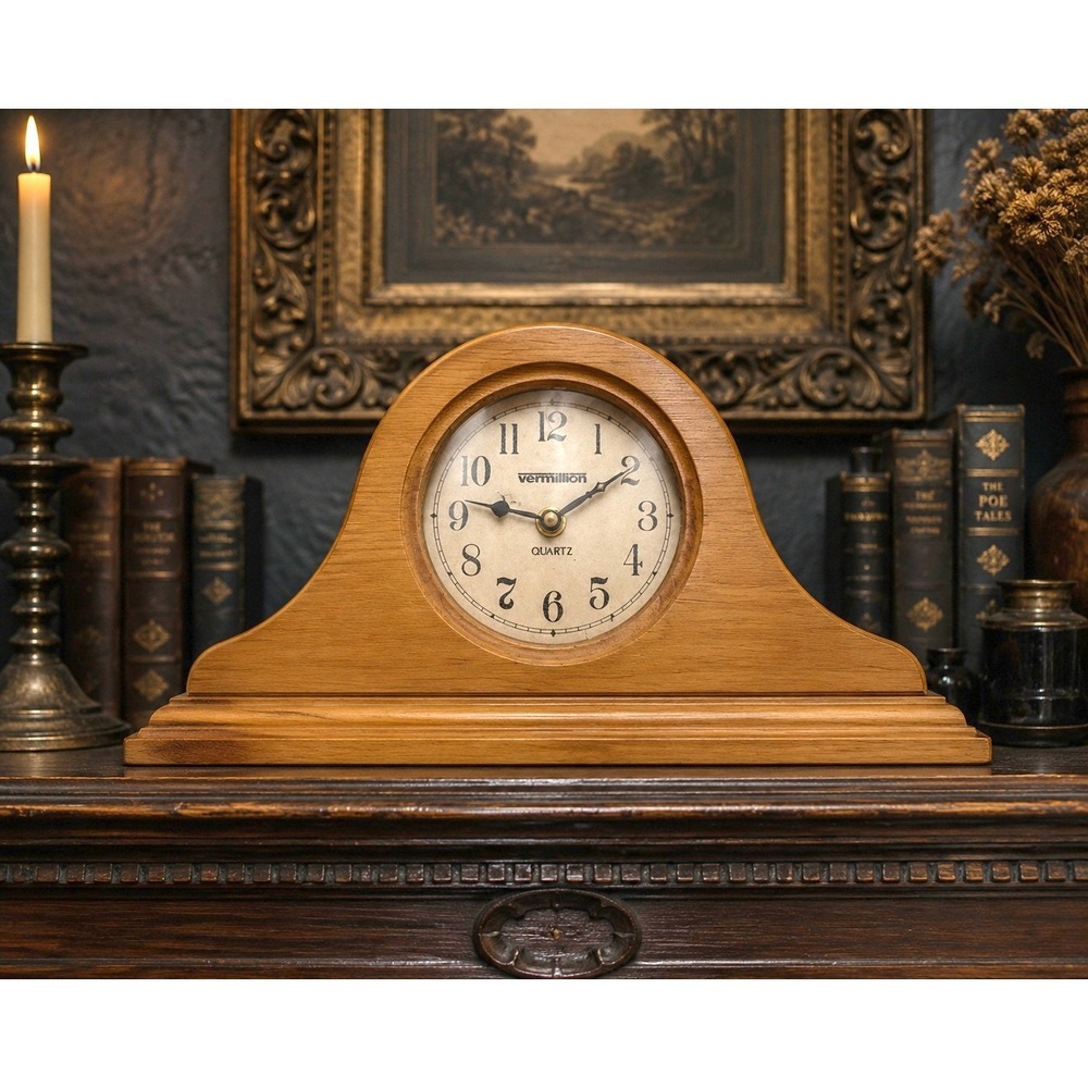 Vintage Vermillion Takane Quartz Wooden Mantel Clock Analog Shelf Tabletop USA